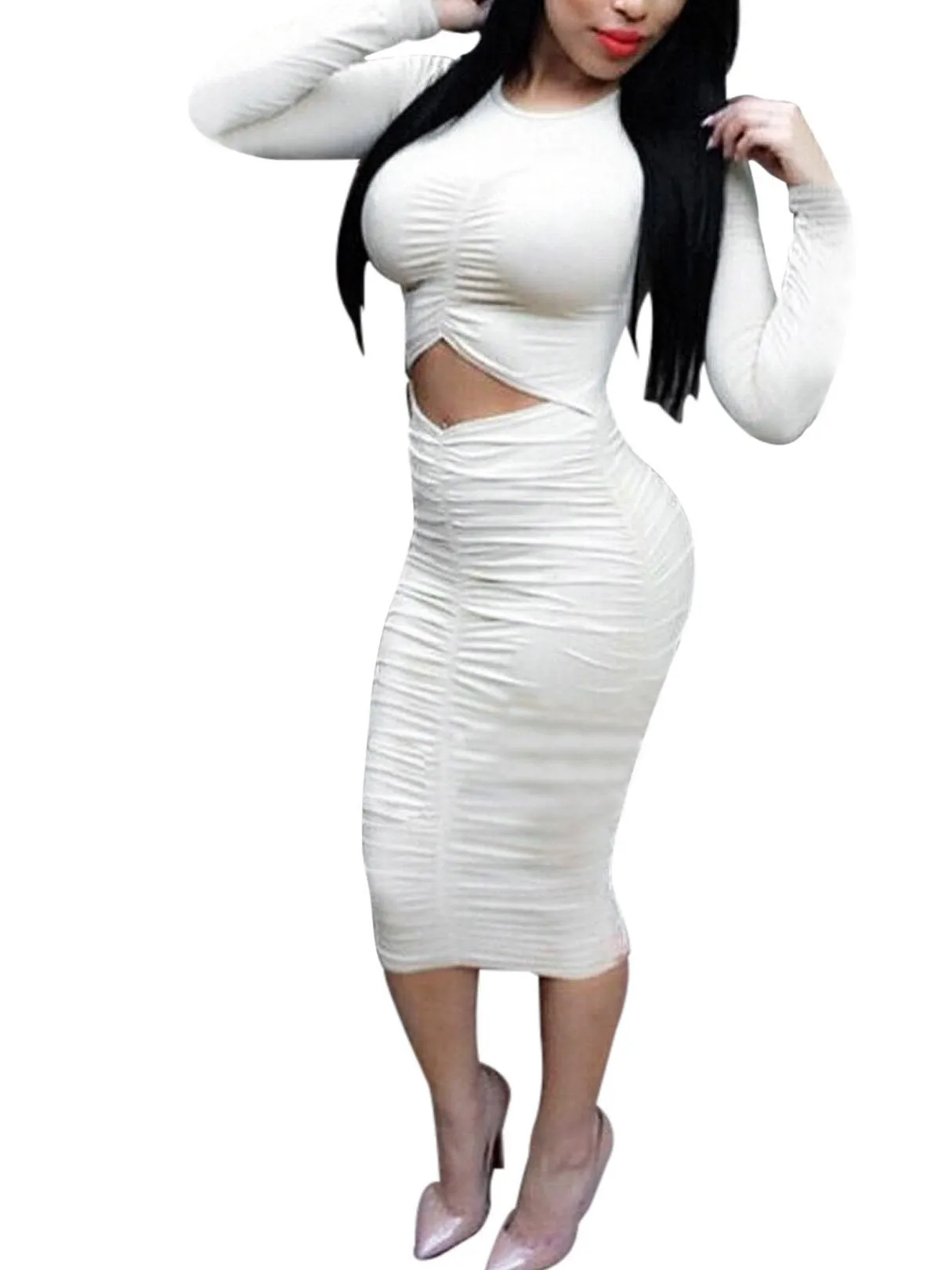 Wholesale Pleated Slim Midi Dresses with Cut Out
