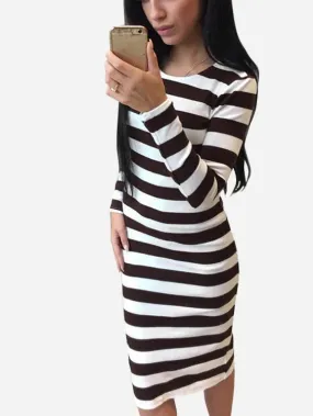 Wholesale Round Neck Long Sleeve Stripe Slit Hem Midi Dress