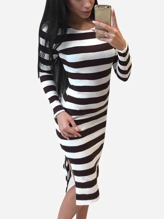 Wholesale Round Neck Long Sleeve Stripe Slit Hem Midi Dress