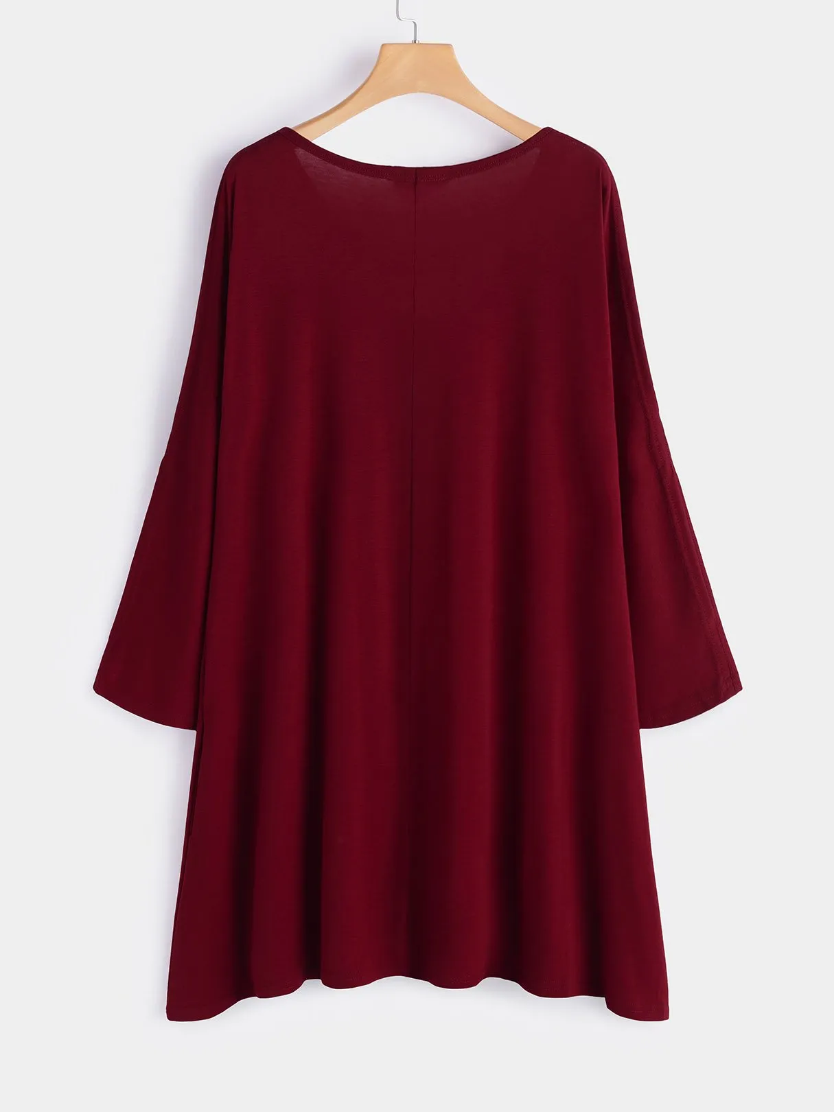 Wholesale Round Neck Plain Hollow Long Sleeve Burgundy Midi Dress