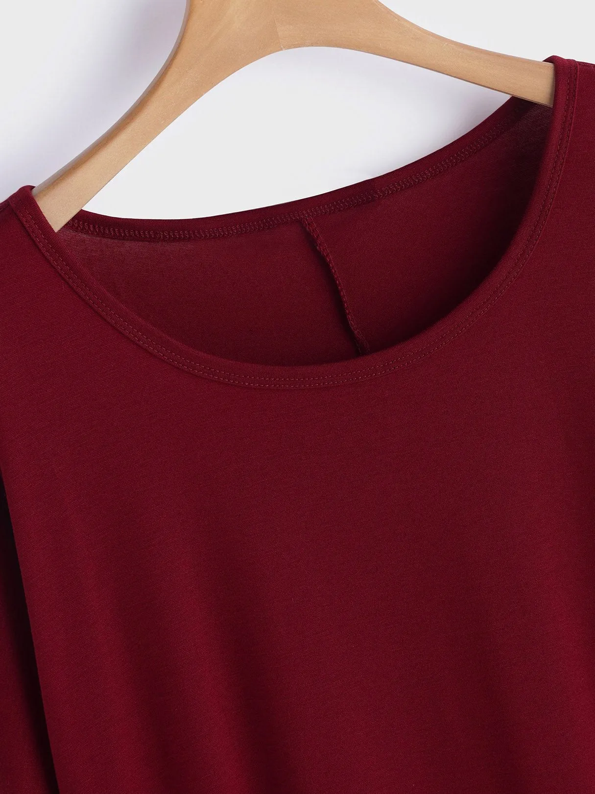 Wholesale Round Neck Plain Hollow Long Sleeve Burgundy Midi Dress